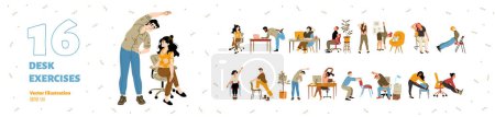 Illustration for Set of office employees exercising, flat vector illustration isolated on white background. People taking break from work to get rest, relax and remove muscle soreness. Training with chair and desk - Royalty Free Image