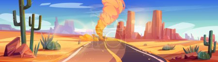Tornado at desert road cartoon nature landscape. Wind storm with air funnel at highway with cracked asphalt along sand dunes and rocks perspective view with light flare effect. Vector illustration
