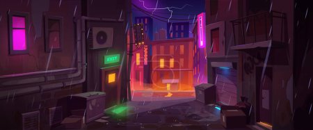 Illustrazione per Vicolo sul retro con vecchie case di città sotto la pioggia di notte. Viale buio vuoto con edifici cittadini, insegne al neon su muri di mattoni, bidoni della spazzatura e fulmini in cielo, illustrazione dei cartoni animati vettoriali - Immagini Royalty Free
