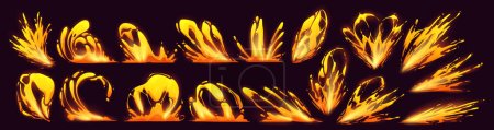 Lava splash, vfx game video effect. Cartoon 2d liquid fire drops, yellow flow and swirls design elements, explosion, burst, boom, spatter blast, drip or ripple dynamic animation motion, Vector set