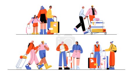 Illustration for People travel with suitcases and backpacks. Couples, friends and family with kid standing with luggage. Diverse characters go in journey, vector cartoon illustration - Royalty Free Image
