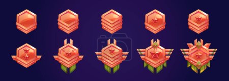 Illustration for Set of military game rank icons isolated on dark blue background. Hexagonal red and green metal medals decorated with shiny stars and wings. Level trophy badge. Vector illustration, ui design elements - Royalty Free Image