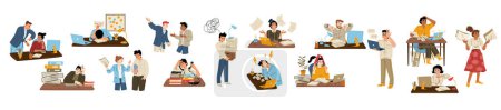 Illustration for Set of annoyed people at work flat vector illustration on white. Scenes with office employees tired of stressful job, colleagues having conflict, angry boss yelling, man fired, woman suffering burnout - Royalty Free Image