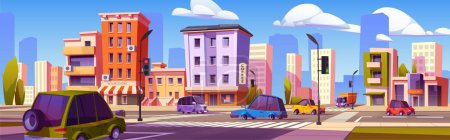 Illustration for Cars driving at city crossroad on cityscape background with buildings and trees. Modern automobiles riding megalopolis asphalted road with signs, traffic lights, zebra Cartoon vector illustration - Royalty Free Image