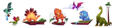 Dibujos animados dinosaurios personajes conjunto aislado. Stegosaurus, tyrannosaurus, diplodocus and triceratops, pterodactyl, brachiosaurus or velociraptor with pterosaur jurassic era animals Vector illustration