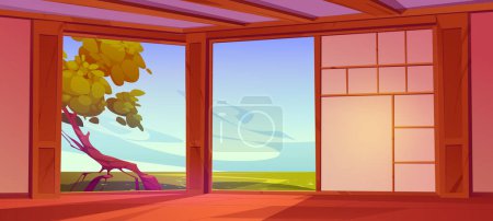 Zimmereinrichtung in einem traditionellen japanischen Haus oder Hotel. Leeres Dojo oder Ryokan mit Holzboden, Papierwänden und Blick auf die Sommerlandschaft mit grünen Feldern und Baum, Vektor-Cartoon-Illustration