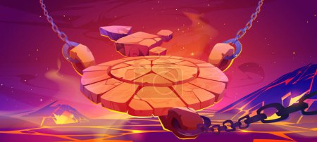 Game Battle Arena Hintergrund mit Höllenlandschaft mit Steinkreis Plattform hängen an Metallketten. Kampfring im Inferno mit heißer Lava und Feuer, Vektor-Cartoon-Illustration