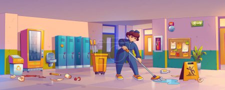 Illustration for Janitor woman mopping floor in school hallway with scatter rubbish and waste on dirty floor. Female character cleaner wear uniform cleanup corridor in college campus building with wet floor sign - Royalty Free Image