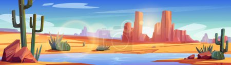 Téléchargez les illustrations : Paysage désertique avec eau dans l'oasis. Illustration vectorielle de dessin animé d'une rivière bleue traversant une vallée sablonneuse sans fin avec des roches et des cactus sous un soleil flamboyant qui brille dans un ciel bleu. Jeu d'aventure - en licence libre de droit