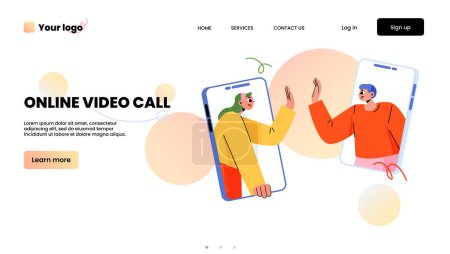 Illustration for Online video call banner with man and woman on mobile phone screens giving high five to each other. Concept of online meeting of friends or team, vector landing page with flat illustration - Royalty Free Image