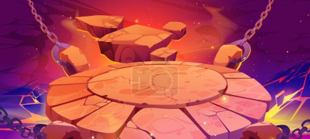 Battle arena in hell with lava, round rock platform hanging on chains in mysterious landscape with magma and red glow. Game background, fighting place for combat, Cartoon vector illustration
