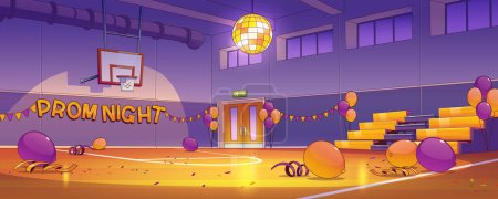 Illustration for School gymnasium hall after prom night celebration. Empty dark college sport court interior with balloons, garlands, scatter confetti and on floor and stroboscope. Cartoon vector illustration - Royalty Free Image