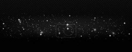 Sternenstaub funkelt, glitzert, Sternenstaub funkelt oder funkelt mit Bokeh-Effekt. Magische weiße Blinzeln auf schwarzem Hintergrund. Glänzend glitzerndes Glühen, festliches Design, Nachthimmel oder Weltraum, Realistische 3D-Vektorillustration