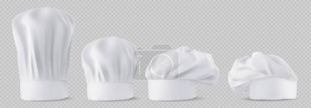 Illustration for Chef hats, cook caps and baker toques realistic mockup. White restaurant uniform headwear, professional small, medium and tall french style clothing of kitchen staff, 3d vector illustration - Royalty Free Image