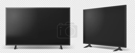 Realistischer Fernseher isoliert auf transparentem Hintergrund. Flachbildfernseher mit schwarzem Bildschirm. Modernes stilvolles LCD-Panel, großes, leeres Display-Attrappe. Grafisches Gestaltungselement für Katalog, Vektorillustration