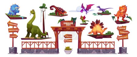 Dinosaur park cartoon characters, arrow signboards and gates. Stegosaurus, tyrannosaurus, diplodocus and triceratops, pterodactyl, brachiosaurus or velociraptor with pterosaur isolated vector set