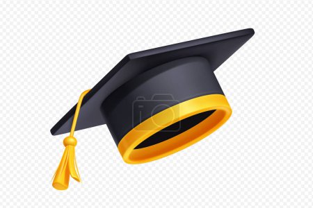 Illustration for Student graduation cap with gold tassel and ribbon. Concept of academic education in university, college or high school. Black mortarboard with yellow border, 3d vector illustration - Royalty Free Image
