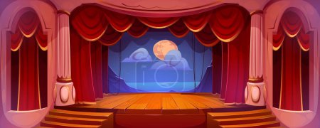 Ilustración de Escenario teatral con cortinas rojas, suelo de madera y decoración de paisaje nocturno con luna sobre telón de fondo. Sala de teatro interior con escena vacía, columnas, escaleras, balcones, ilustración de dibujos animados vectoriales - Imagen libre de derechos