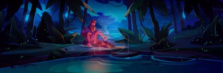 Alone lost man in jungle at night. Dark forest landscape with trees, lake, lonely character with beard and campfire. Concept of survive in uninhabited rainforest, vector cartoon illustration