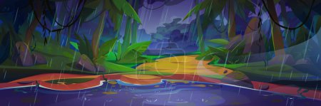 Ilustración de Lluvia en selva tropical con lago. Verano paisaje de selva tropical con río, camino, plantas, árboles y lianas en el tiempo lluvioso en la noche, ilustración de dibujos animados vectoriales - Imagen libre de derechos