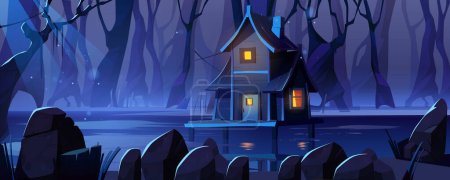 Stelzenhaus im Sumpf im Wald bei Nacht. Tiefe dunkle Waldlandschaft mit Baumsilhouetten, Fluss oder See und Holzhütte im Wasser, Vektor-Cartoon-Illustration