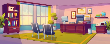 Illustration for School principal office interior design. Contemporary vector illustration of empty headmasters workspace with furniture, award documents on wall, computer on desk, folders on shelf and large windows - Royalty Free Image