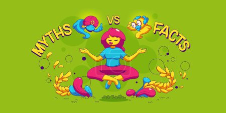 Illustration for Myths vs facts concept. Woman meditate floating in air in lotus posture. Contemporary female character choose between truth or false info, Mythology against science, Cartoon flat vector illustration - Royalty Free Image