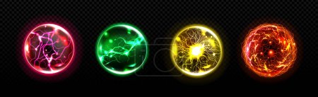 Illustration for Set of energy balls with lightning effect in red, orange, yellow and green colors. Electrical discharge bundle png. Magic power. Realistic vector illustration isolated on transparent background - Royalty Free Image