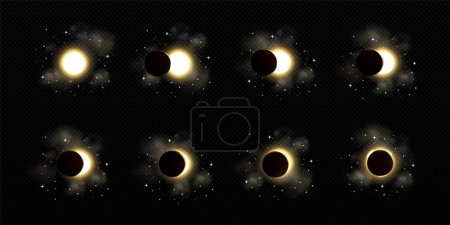 Ilustración de Eclipse solar o lunar con estrellas, diferentes fases de la luna y el efecto eclíptico del sol en el espacio. Círculo brillante con sombra negra del planeta desaparecen y aparecen movimiento, ilustración realista vector 3d - Imagen libre de derechos