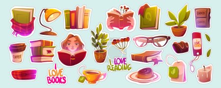 Illustration for Stickers with books, reading girl, coffee, cup of tea, glasses, plants and desserts. Concept of reading hobby, education, literature, library with books icons, vector cartoon set - Royalty Free Image