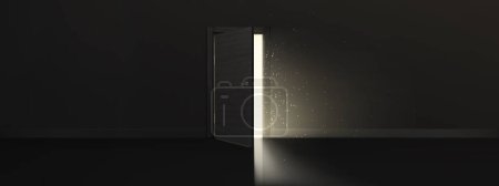 Ilustración de Apertura de la puerta con brillo, descubrimiento, oportunidad, concepto de salida con el brillo de la luz de la puerta abierta en la habitación oscura con chispas o brillo misterioso invitando a entrar, ilustración realista del vector 3d - Imagen libre de derechos