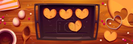 Téléchargez les illustrations : Plaque de cuisson avec biscuits sur la table de cuisine vue sur le dessus. Processus de cuisson des biscuits avec des œufs, pâte, bol avec chocolat fondu et cuillère sur comptoir en bois, illustration vectorielle de dessin animé - en licence libre de droit