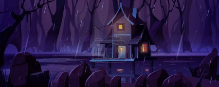 Fantasy landscape wooden stilt house on swamp under rain in night forest. Old shack with glow windows stand on piles in deep wood creepy. Witch hut, mystic game background, Cartoon vector illustration