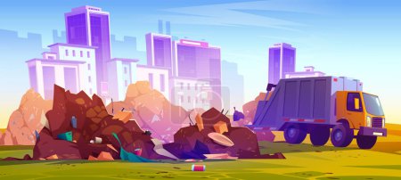 Garbage truck dumping rubbish at cityscape background. Wastes disposal municipal problem, illegal landfill at city area, environment pollution and contamination concept, Cartoon vector illustration