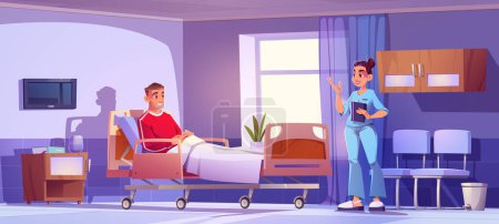 Illustration for Hospital ward with patient on adjustable bed and woman doctor. Clinic room with of sick man and nurse or medical worker, nightstand, chairs and tv on wall, vector cartoon illustration - Royalty Free Image