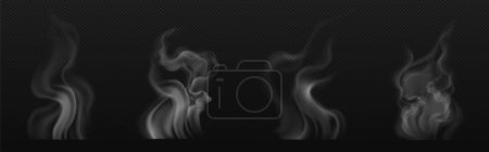 Ilustración de Humo de té, taza de café, vapor de alimentos o nubes de vapor, cigarrillo blanco realista o rastro de vapor de narguile, plato caliente o taza bruma elementos de diseño aislados sobre fondo negro, 3d Vector ilustración, conjunto - Imagen libre de derechos