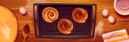 Ilustración de Mesa de cocina con bollos horneados en bandeja, ingredientes y utensilios para la vista superior de la panadería. Masa, huevos, cuenco de madera vacío, cuchara y toalla en el escritorio de madera, pastelería casera, ilustración de vectores de dibujos animados - Imagen libre de derechos