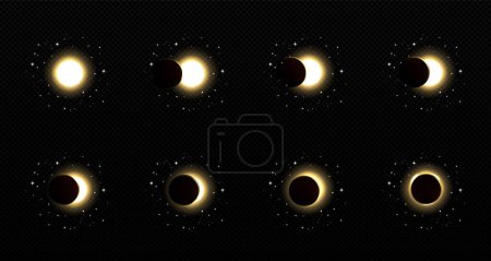 Solar or lunar eclipse animation set isolated on transparent background. Different phases of natural phenomenon glowing in space. Bright star hiding behind planet shadow. Realistic vector illustration