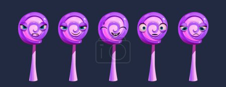 Illustration for Spiral lollipop character, twisted hard sugar candy on stick with face with different expressions. Funny purple and pink lollypop isolated on black background, vector cartoon illustration - Royalty Free Image