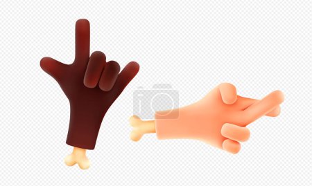 Illustration for 3d render hand gestures black and white palms with bones showing rock and crossed fingers. Funny character body language, emoji communication elements, Vector illustration in cartoon plastic style - Royalty Free Image