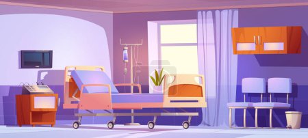 Illustration for Single patient ward in modern private clinic. Cartoon vector illustration of inpatient room interior with comfortable hospital bed, chairs and medical equipment. Health care and rehabilitation service - Royalty Free Image