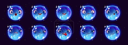 Ilustración de Personaje estrella supergigante azul con diferentes expresiones faciales. Iconos con emociones de extraño planeta alienígena en el espacio exterior. Personaje gota de agua aislado sobre fondo negro, vector de dibujos animados conjunto - Imagen libre de derechos