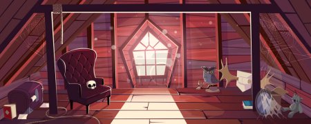 Illustration for Old house attic with vintage furniture, toys and books. Wooden mansard room with window, spiderweb and flying dust. Garret interior with chair, chest, elk horns, vector cartoon illustration - Royalty Free Image