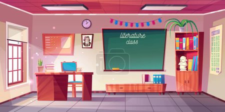 Literature classroom interior, school or college class with teacher table, chair, blackboard with sponge, clock hanging on wall and cupboard with books, writer portrait, Cartoon vector illustration