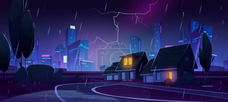 Illustration for Rainy night in city suburb. Cartoon vector illustration of town street with small houses and trees, rainfall and neon lightning glowing in dark sky, megalopolis architecture silhouettes on background - Royalty Free Image