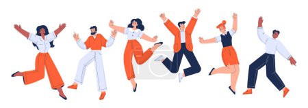 Illustration for Happy office employees jump with raised arms. People characters in formal wear feel positive emotions, rejoice, celebrate victory or success isolated on white, Cartoon linear flat vector illustration - Royalty Free Image