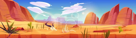 Ilustración de Paisaje desértico americano con arena, cactus, montañas y cráneo de toro y huesos. Arizona o México desierto panorama con rocas, plantas y esqueleto de búfalo, ilustración de dibujos animados vectoriales - Imagen libre de derechos