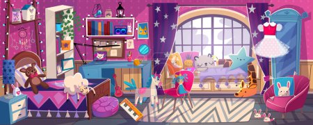 Ilustración de Interior del dormitorio de la muchacha, habitación linda en estilo princesa y colores rosados. Cama, ventana cortina, armario, estante, vestido de percha y juguetes, cómodo espacio de vida femenino, ilustración vector de dibujos animados - Imagen libre de derechos