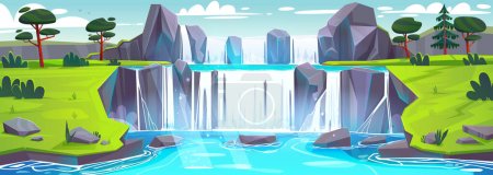 Illustration for Waterfall cascade at summer nature landscape. Cartoon panoramic view of stream flow from rocks, fall to lake with green valley and trees around. Wild area, beautiful parkland, Vector illustration - Royalty Free Image
