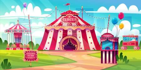 Illustration for Amusement carnival park with circus tent, merry-go-round carousel and candy cotton booth, balloons and tickets kiosk. Festive fair and recreation entertainment attractions Cartoon vector illustration - Royalty Free Image